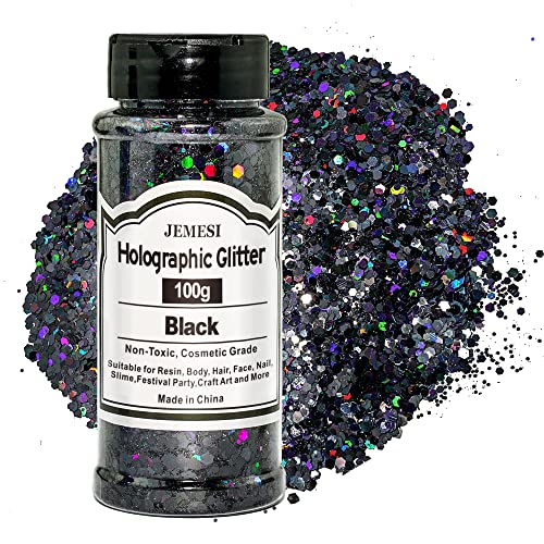 JEMESI Holographic Chunky Glitter, Schwarz 100g Chunky Pailletten Glitter, Craft Glitter für Harz, Gesicht, Nagel, Körper, Kunsthandwerk, Slime Festival Party Art, Glitzerpuder für Nägel Glitzer JEMESI Holographic Chunky Glitter, Schwarz 100g Chunky Pailletten Glitter, Craft Glitter für Harz, Gesicht, Nagel, Körper, Kunsthandwerk, Slime Festival Party Art, Glitzerpuder für Nägel Glitzer von JEMESI