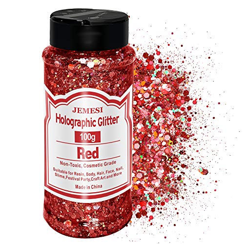 JEMESI Holographische große Pailletten, 100 g, rot, Pailletten, Glitzer, für Gesicht, Körper, Haar, Epoxidharz, Pailletten, Gesicht, Festival von JEMESI