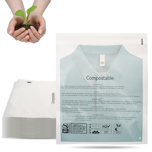 JENCENBIO kompostierbare Selbstklebende Beutel, transparent, 30x38cm,mehrsprachigen Warnhinweisen und Entlüftungslöchern, selbstklebender Verschluß, wiederverschließbare für Kleidung 50 Pack von JENCENBIO