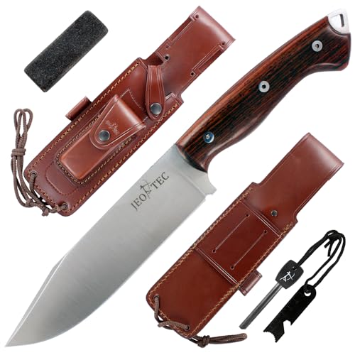 JEO-TEC Nº37 Outdoor Camping Gürtelmesser Jagdmesser Überlebensmesser Survival Bushcraft Messer, Stahl MOVA, Lederscheide + Feuerstahl + Messerschärfer, Handgefertigt in Spanien von JEO-TEC