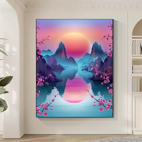 Diamond Painting Landschaft Large Diamond Painting KirschblüTenbaum Crystal Art Bilder Basteln für Erwachsene DIY Vollbohrer Diamanten Malerei Stickerei Kreuzstich Kit für Geschenke (80x100cm) 1-V von JEPGFOU