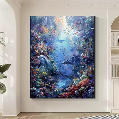 Ozean Diamond Painting XXL Delphin Diamond Art Bilder Erwachsene Dimond Painting Kinder Mosaikherstellung Stickerei Kreuzstich Malerei Kits Basteln für Erwachsene Wanddeko, Geschenke (30x40cm) 0-4 von JEPGFOU