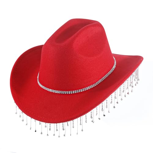 JERRCHEEZUNA Westernhut im Outback-Stil, knautschbar, breite Krempe, Wollfilz, mit Lederband, für Damen und Herren, Rote Strasssteine, kurze Quasten, Einheitsgröße von JERRCHEEZUNA