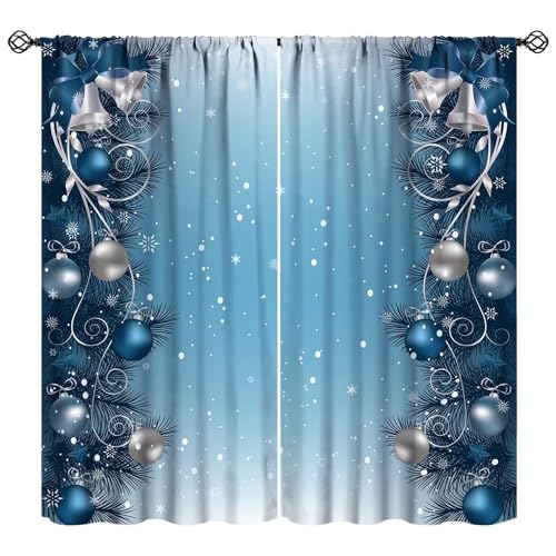 JESTRONRY Weihnachtsvorhänge, blauer Weihnachtshintergrund mit Zweigen, Bändern, Schneeflocken, Weihnachtsmotiv, Verdunkelungsstange, Tasche, Fenster, Vorhänge für Wohnzimmer, Schlafzimmer, Küche, von JESTRONRY