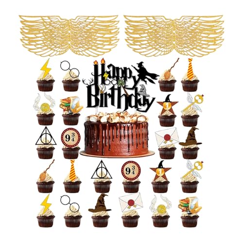 Wizard Kuchen Deko Set – 1x Happy Birthday Torten Topper, 24x Magische Cupcake Topper & 50x Gold Flügel für Schokolade oder Muffins, Magier Geburtstag Deko für Jungen & Mädchen Party Wizard Kuchen Deko Set – 1x Happy Birthday Torten Topper, 24x Magische Cupcake Topper & 50x Gold Flügel für Schokolade oder Muffins, Magier Geburtstag Deko für Jungen & Mädchen Party von JESUSHAIN