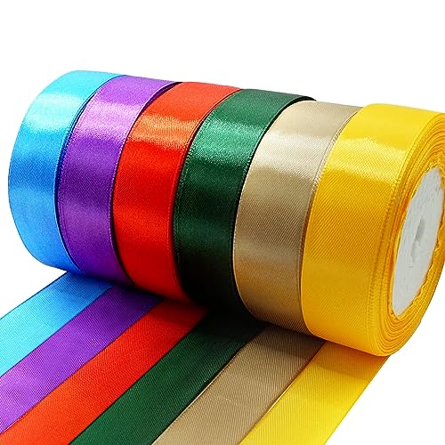 Farbiges Satinband, 25 mm, 6 Rollen, 132 m, Satinbänder zum Basteln, Geschenkverpacken, Haarballons, Seidenband, Rot, Grün, Gold, Blau, Gelb, Lila, breites Band, Floristenband, Kuchenband Farbiges Satinband, 25 mm, 6 Rollen, 132 m, Satinbänder zum Basteln, Geschenkverpacken, Haarballons, Seidenband, Rot, Grün, Gold, Blau, Gelb, Lila, breites Band, Floristenband, Kuchenband von JETOP
