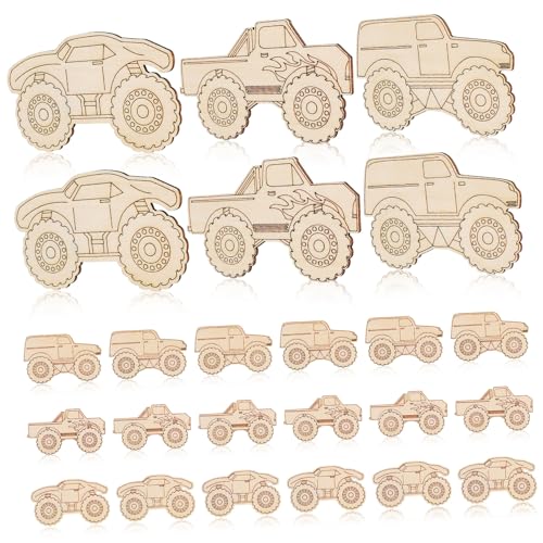 JEWEDECO 30 Stück Teiliges Monster Truck Holzset zum Bemalen Unbemalte Holzautos als DIY Bastelset für Kindergeburtstag Natürliche Holzanhänger für Partydeko Vielseitige Fahrzeugrohlinge von JEWEDECO