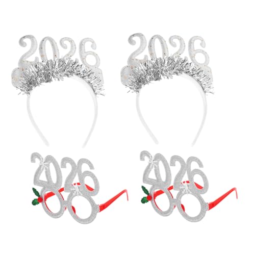 JEWEDECO 4 Stücke Teiliges Silbern Glitter Year Party mit Headbands und Tanzbrillen Leichte Festliche Foto Requisiten für Weihnachten und Silvester Feierlichkeiten von JEWEDECO