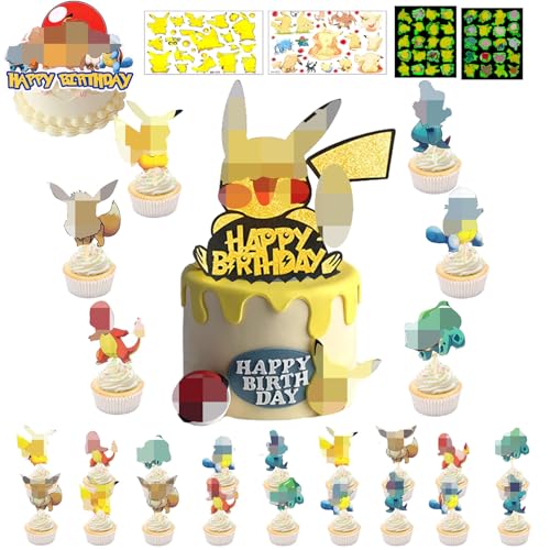 26 Stück Tortendekoration Cake Topper Set + 4 Blätter Temporäre Tattoos für Kinder, Kuchen Deko, Muffin Deko, Tortenaufleger Cupcake Topper Deko, Kindergeburtstag Party Geburtstag Deko von JEXHBFD