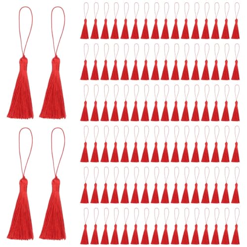 JEYORZY 100 Stück Rot Tassels, Souvenir Quasten, Handgemachte Quasten Anhänger, Kunsthandwerk Quaste, Quaste mit Lanyard, für Lesezeichen, Einladungskarten, Schlüssel, Basteldesign (Rot) von JEYORZY