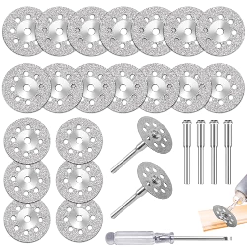 25 Stück Diamant Trennscheibe, 22 mm Trennscheibe Metall, mit 4 Stück 3 mm Dorn und 1 Stück Kreuzschraubendreher, Trennscheiben Zubehör für Rotationswerkzeug, Fliese, Glas, Stein, Holz von JGCJGG