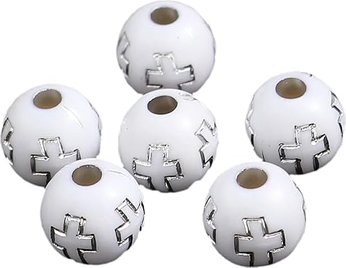 JGFinds Kleine runde religiöse Abstandshalter, 500 Stück, kugelförmige Abstandhalter, 8 mm mit 2 mm großem Loch, Acryl mit Holzoptik, christliche Perlen (Silberkreuz) von JGFinds