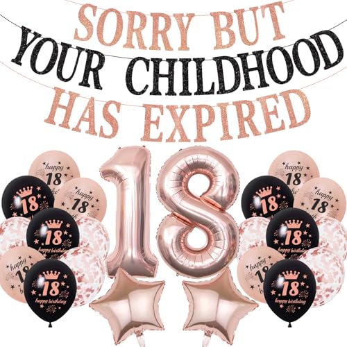 18 Geburtstag Dekorationen Party Luftballons - 23pcs Schwarz Rose Gold Happy Konfetti Latex Folie Stern Ballon Sorry But Your Childhood Have Expired Banner Personalisierte Abschlussdekoration für 18 Geburtstag Dekorationen Party Luftballons - 23pcs Schwarz Rose Gold Happy Konfetti Latex Folie Stern Ballon Sorry But Your Childhood Have Expired Banner Personalisierte Abschlussdekoration für von JGIIIJLP