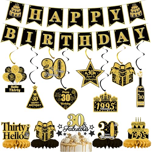 30th Happy Birthday Dekorationsset - 21 Stück Schwarz Gold Happy Birthday Banner, Hängedekoration, Cupcakes, Waben für 30 Jahre alte Männer und Frauen, personalisierte Partydekoration Supplies von JGIIIJLP