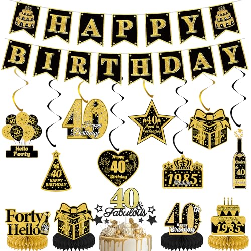 40. Geburtstag Dekorationen Männer Banner – 21 Stück Schwarz Gold Set beinhaltet Happy 40st Birthday Banner, Hängedekoration, Kuchendekoration für personalisierte Waben Männer Supplies von JGIIIJLP