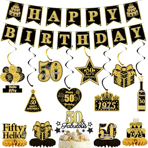 50th Happy Birthday Dekorationen Set - 21 Stück Schwarz Gold Happy Birthday Banner Hängende Wirbel Kuchendekoration Waben für 50 Jahre alte Frauen und Männer Personalisierte Dekoration Supplies 50th Happy Birthday Dekorationen Set - 21 Stück Schwarz Gold Happy Birthday Banner Hängende Wirbel Kuchendekoration Waben für 50 Jahre alte Frauen und Männer Personalisierte Dekoration Supplies von JGIIIJLP