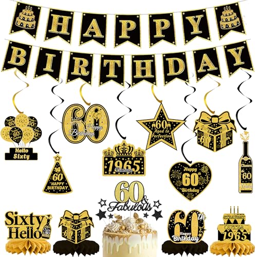 60. Geburtstag Dekorationen Männer Banner – 21 Stück Schwarz Gold Set beinhaltet Happy 60st Birthday Banner, Hängedekoration, Kuchendekoration für personalisierte Waben Junge Supplies 60. Geburtstag Dekorationen Männer Banner – 21 Stück Schwarz Gold Set beinhaltet Happy 60st Birthday Banner, Hängedekoration, Kuchendekoration für personalisierte Waben Junge Supplies von JGIIIJLP