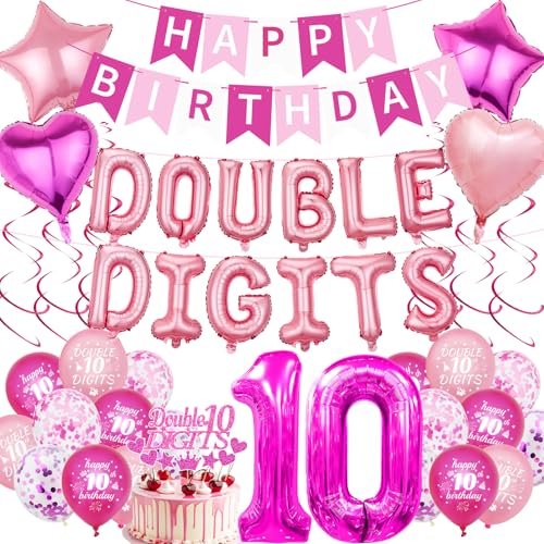 Ballon-Set zum 10. Geburtstag – 53 Stück rosa Rose, doppelstellig, Banner, Zahlenballon, Stern, Herz, hängende Wirbel, Kuchendekoration, Zubehör für 10 Jahre alte Mädchen, Kindergeburtstagsparty von JGIIIJLP