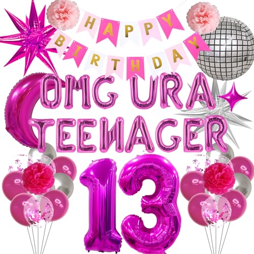 Ballon-Set zum 13. Geburtstag, 51 Stück, Hot Pink, Omg Ur A Teenager, Ballonbanner, explodierender Stern, Mond, Discokugel, Pompon, Blumen, für 13 Jahre alte Mädchen, Geburtstagsparty-Dekoration Ballon-Set zum 13. Geburtstag, 51 Stück, Hot Pink, Omg Ur A Teenager, Ballonbanner, explodierender Stern, Mond, Discokugel, Pompon, Blumen, für 13 Jahre alte Mädchen, Geburtstagsparty-Dekoration von JGIIIJLP