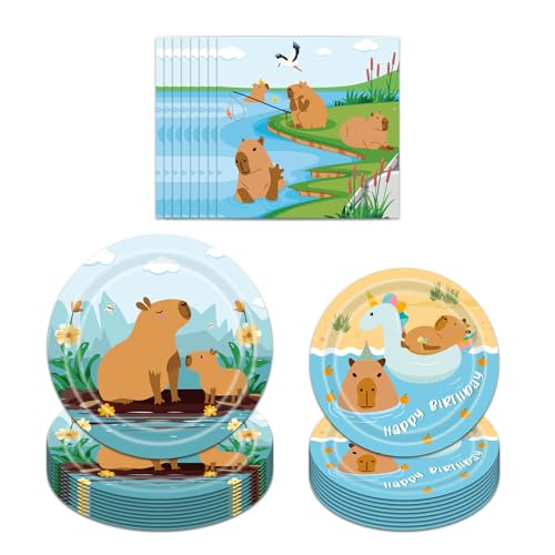 Capybara Geburtstagsparty-Dekorationen, Geschirr – 96 Stück Geschirr Supplies Pappteller Servietten für Tier Capybara Themenparty Jungen Mädchen Kinder Geburtstag Dekoration für 24 Gäste von JGIIIJLP