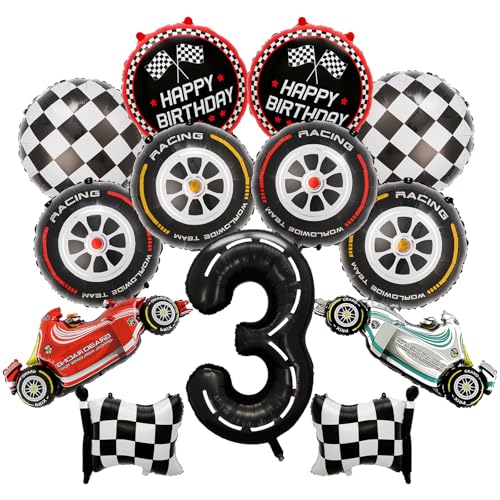 Dekoration zum 3. Geburtstag des Rennwagens – 13 Stück Auto-Party-Luftballons mit Zahl 3, karierte Flagge, Rennen, Folienballon, roter Reifen, Dekoration, Zubehör für Jungen und Kinder, Happy Birthday Dekoration zum 3. Geburtstag des Rennwagens – 13 Stück Auto-Party-Luftballons mit Zahl 3, karierte Flagge, Rennen, Folienballon, roter Reifen, Dekoration, Zubehör für Jungen und Kinder, Happy Birthday von JGIIIJLP