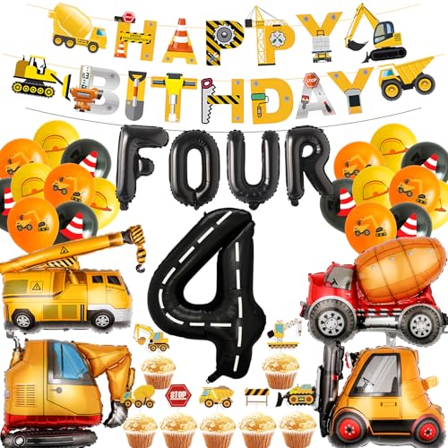 Dekorationen für Jungen zum 4. Geburtstag, 35 Stück, Bagger-Ballon-Banner, Kuchendekoration, Zahl, Buchstabe 4, Partyzubehör, LKW, Bulldozer, Kranichbagger, Bau, für 4 Jahre alte Jungen von JGIIIJLP