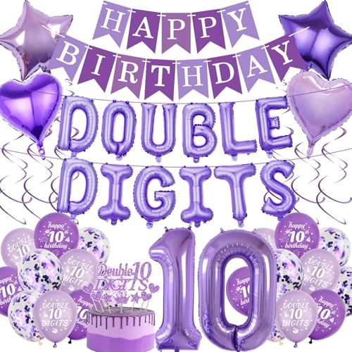 Dekorationen zum 10. Geburtstag, Banner-Luftballons, 53 Stück, violett, doppelstellig, Banner, Zahlenballon, Stern, Herz, hängende Wirbel, Kuchendekoration, Zubehör für 10 Jahre alte Mädchen Jungen von JGIIIJLP
