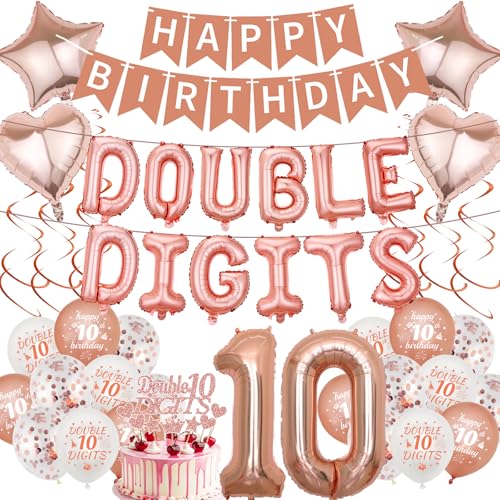 Dekorationen zum 10. Geburtstag, Luftballons, Banner – 53 Stück, rotgoldene, doppelstellige Zahlenballon-Banner, Stern-Herz, hängende Wirbel, Kuchendekoration, Zubehör für 10 Jahre alte Mädchen von JGIIIJLP