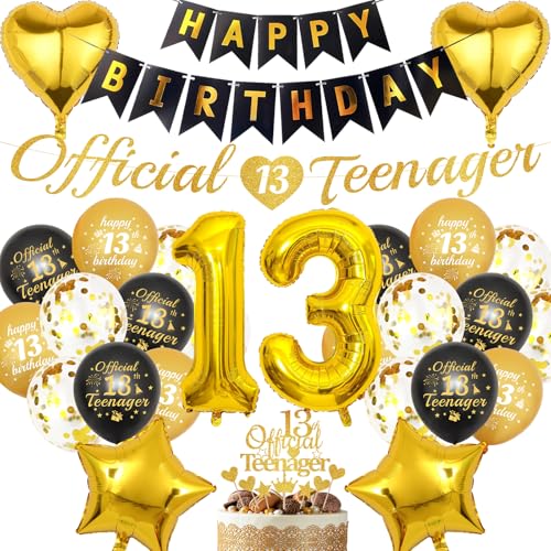 Dekorationen zum 13. Geburtstag, Luftballons, Banner – 36 Stück, schwarz-goldene Banner, Zugflagge, Zahl 13, Stern-Herz, Folienballon, Kuchen, Cupcake-Topper, Dekoration, Zubehör für 13 Jahre alt Dekorationen zum 13. Geburtstag, Luftballons, Banner – 36 Stück, schwarz-goldene Banner, Zugflagge, Zahl 13, Stern-Herz, Folienballon, Kuchen, Cupcake-Topper, Dekoration, Zubehör für 13 Jahre alt von JGIIIJLP