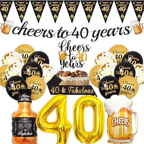 Dekorationen zum 40. Geburtstag, Luftballons, Banner – 26 Stück, Schwarz / Gold, Ballon-Banner, Konfetti-Druck, Prost, Bierballon, Schultergurt, Zug-Wimpel, Kuchenaufsatz für Damen, Herren, Ihn, 40. Dekorationen zum 40. Geburtstag, Luftballons, Banner – 26 Stück, Schwarz / Gold, Ballon-Banner, Konfetti-Druck, Prost, Bierballon, Schultergurt, Zug-Wimpel, Kuchenaufsatz für Damen, Herren, Ihn, 40. von JGIIIJLP