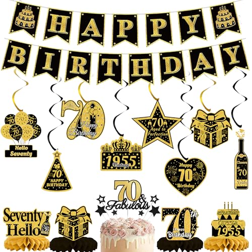 Dekorationsset zum 70. Geburtstag – 21 Stück Schwarz Gold Happy Birthday Banner, hängende Wirbel, Kuchenaufsätze, Waben Dekoration für 70 Jahre alte Männer und Frauen, personalisierte von JGIIIJLP