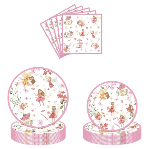 Feen-Geburtstagsparty-Geschirr-Set – 96 Stück rosa Blume Fee Teller Servietten Party Dekoration Zubehör für Mädchen Kinder Schmetterling Thema Geburtstag Gefälligkeiten Geschirr Dekorationen für 24 von JGIIIJLP