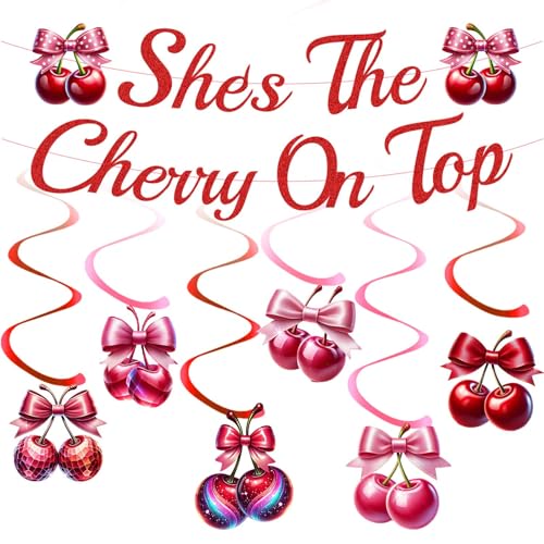Kirsch-Geburtstags-Banner-Dekorationsset – 7 Stück, rote Kirsch-Banner, Glitzer, "She's The Cherry On Top", hängende Wirbel, Dekorationen, Zubehör für Kirsch-Thema, Geburtstagsparty, Obstdekorationen Kirsch-Geburtstags-Banner-Dekorationsset – 7 Stück, rote Kirsch-Banner, Glitzer, "She's The Cherry On Top", hängende Wirbel, Dekorationen, Zubehör für Kirsch-Thema, Geburtstagsparty, Obstdekorationen von JGIIIJLP