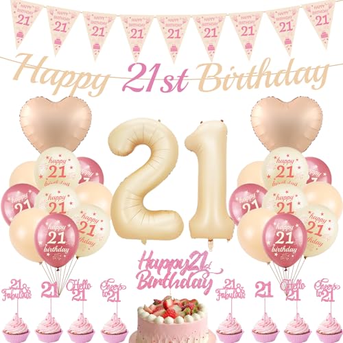Luftballons Set zum 21. Geburtstag - 33 Stück Süße Retro Blush Pink Luftballons Banner Dreieck Flagge Latexfolie Herz Ballons Kuchen Topper Rose Gold Weiß Sand Nude Ballon Set für 21 Jahre alte Grils Luftballons Set zum 21. Geburtstag - 33 Stück Süße Retro Blush Pink Luftballons Banner Dreieck Flagge Latexfolie Herz Ballons Kuchen Topper Rose Gold Weiß Sand Nude Ballon Set für 21 Jahre alte Grils von JGIIIJLP