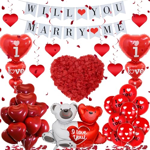 Luftballons mit Aufschrift "Will You Marry Me", 534 Stück, Valentinstag-Dekorationen, Banner, "I Love You", Herzdruck, Liebesbär, Folienballon, hängende Wirbel-Rosenblätter für Verlobung, Jahrestag, Luftballons mit Aufschrift "Will You Marry Me", 534 Stück, Valentinstag-Dekorationen, Banner, "I Love You", Herzdruck, Liebesbär, Folienballon, hängende Wirbel-Rosenblätter für Verlobung, Jahrestag, von JGIIIJLP