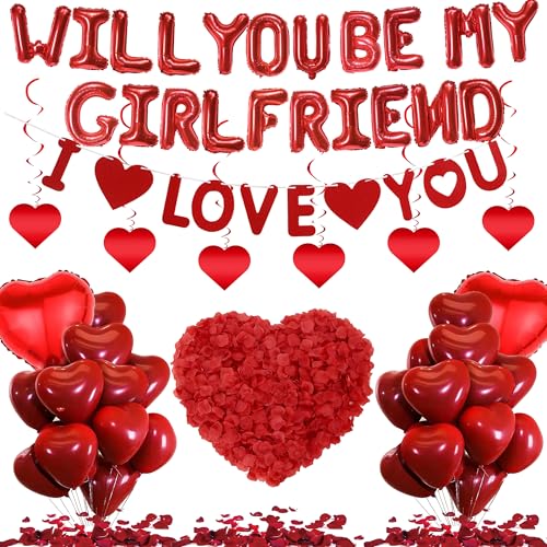 "Will You Be My Girlfriend" – 554-teiliges Ballondekorationsset, Herz-Folienballon "I Love You", Banner zum Aufhängen, Wirbel, Rosenblätter für romantischen Valentinstag, Jahrestag, Feier, "Will You Be My Girlfriend" – 554-teiliges Ballondekorationsset, Herz-Folienballon "I Love You", Banner zum Aufhängen, Wirbel, Rosenblätter für romantischen Valentinstag, Jahrestag, Feier, von JGIIIJLP