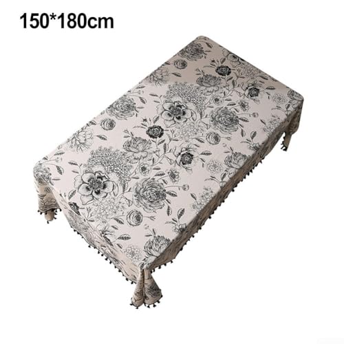 JGmotorfi Lebendige Baumwoll-Leinen-Tischdecke mit schönem Pfingstrosen-Design und schicken Quasten für Tischdekoration (150 x 180 cm) von JGmotorfi