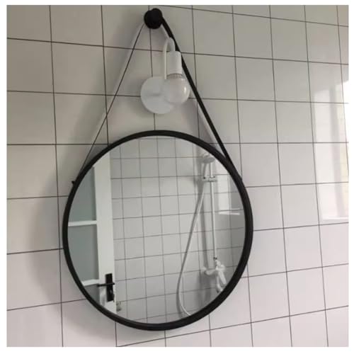 JHAISMAO Lederband Geschmiedetes Eisen Wandspiegel/Runde Hangspiegel/Dekorativ Eitelkeitsspiegel Für Wohnzimmer Badezimmer Schlafzimmer(Size:60cm,Color:schwarz) von JHAISMAO