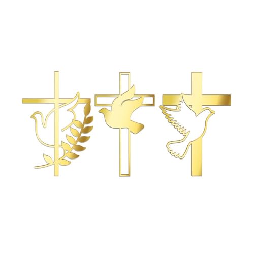 3 Stück Spiegel-Acryl-Kuchenaufsatz mit goldenem Tauben-Kreuz, Kuchendekoration für Taufe, Erstkuchen, Kommunion, religiöse Torte von JHIALG