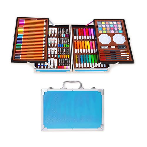 JHJRZP Malkasten für Kinder, 200 Stück Malset Kinder, Malkasten, Malkasten für Kinder, Farben mit Aluminium Box,Malkasten mit Buntstifte, Marker, Wachsmalstifte, Acrylfarben, Blue von JHJRZP