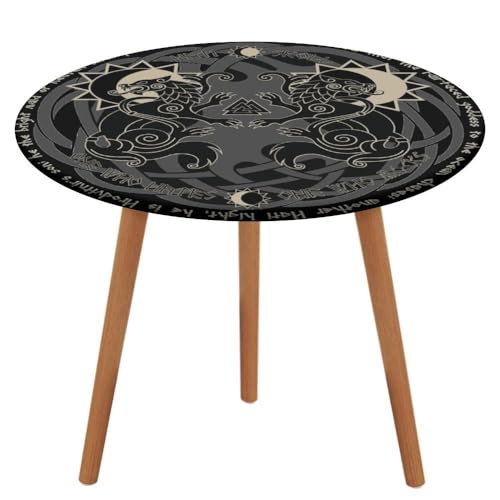 JHOMHF Wikinger Thors Hammer Vintage Bauernhaus Runde Tischdecke Odins Rabe Tischdecke mit Elastischem Rand Wasserdichtes ölbeständiges Abwischbares Tischtuch(A27,80CM) von JHOMHF