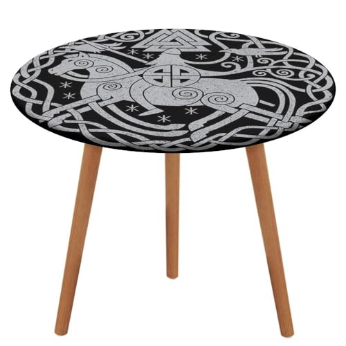 JHOMHF Wikinger Thors Hammer Vintage Bauernhaus Runde Tischdecke Odins Rabe Tischdecke mit Elastischem Rand Wasserdichtes ölbeständiges Abwischbares Tischtuch(A8,80CM) von JHOMHF