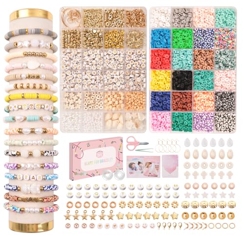 JHWELRG 8000+ Stück Set Perlen zum Auffädeln,mit Buchstabenperlen Selber Machen Heishi Perlen Set Clay Perlen für armbänder Schmuckherstellung Kit,Geschenkeidee für Ring Halsketten Kinder Erwachsener von JHWELRG
