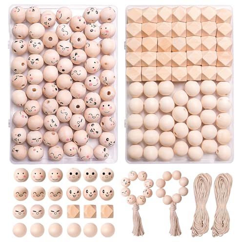 JHWELRG Holzperlen zum auffädeln,holzkugeln mit gesicht, geometrische holzperlen mit Loch Kit Für Makramee Schmuck Herstellung Taschen, DIY-Bastelarbeiten, Heimdekoration JHWELRG Holzperlen zum auffädeln,holzkugeln mit gesicht, geometrische holzperlen mit Loch Kit Für Makramee Schmuck Herstellung Taschen, DIY-Bastelarbeiten, Heimdekoration von JHWELRG