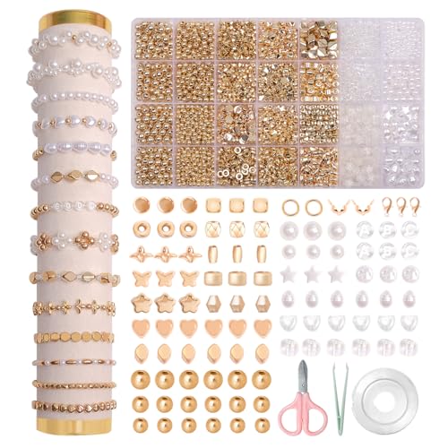 JHWELRG Perlen Weiß Set,Bastelperlen zum Auffädeln,Goldene Perlen für DIY Perlen Set Schmuck Bracelet Making Kit,Feiertage,Partys,Weihnachten von JHWELRG