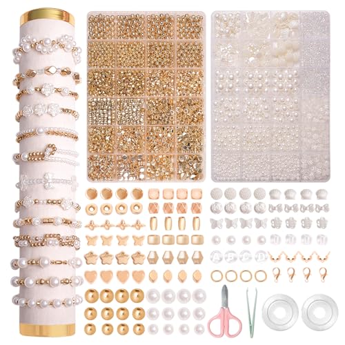 JHWELRG Perlen Weiß Set,Selber Machen perlen für armbände Erwachsene Armband Perlen ,Goldene Perlen zum Auffädeln perlen set für Weihnachten, Partys, Ostern, Feiertag JHWELRG Perlen Weiß Set,Selber Machen perlen für armbände Erwachsene Armband Perlen ,Goldene Perlen zum Auffädeln perlen set für Weihnachten, Partys, Ostern, Feiertag von JHWELRG