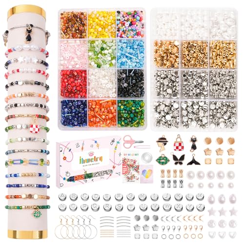 JHWELRG Selber Machen Perlen für Armbänder,DIY Mini Perlen Zum Auffädeln Set mit Buchstabenperlen und Schwarzer Anhänger Schmuckherstellung Kit,Geschenkeidee für Weihnachten,Geburtstag,partys von JHWELRG
