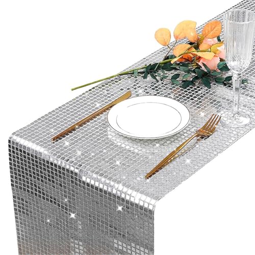 JHXhhthongtong Disco Party Tischläufer, Silber Disco Tischdecke Pailletten Tischläufer Discokugel Tischläufer Geeignet 70er 80er für Disco Party Deko Geburtstag Tanzparty Hochzeit Tischdeko (30x275cm) von JHXhhthongtong