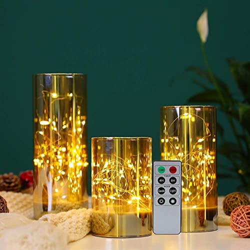 JHY DESIGN 3er-Set Batterietischlampe 15/20 / 25cm hoch Glas dekorative Lichter mit Lichterketten Batteriebetrieben 8-Tasten-Fernbedienung für Home Hochzeit Weihnachten (Champagner überzogen) von JHY DESIGN
