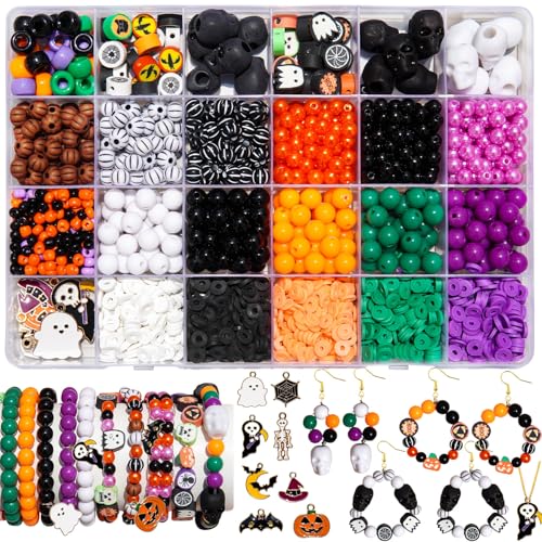 Halloween-Perlen zur Schmuckherstellung, orangefarbener schwarzer Kürbis-Schädel, Polymer-Ton mit gruseligem Geist, Kürbis, Hexenhut, Anhänger, Zubehör für DIY-Halsketten, Armbänder, Bastelset von JHYlilia